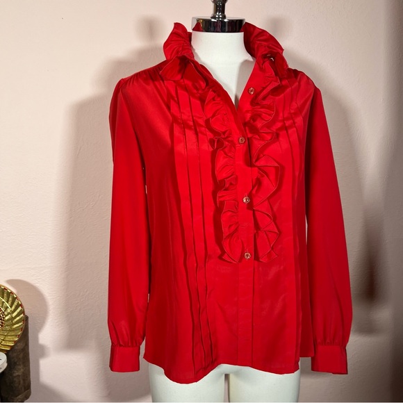 Vintage 70 80 Lilli Ann Retro Victorian Red Ruffle Front Feminine Tuxedo shirt - Picture 17 of 17